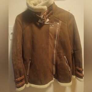 Korean Pavilion Women's Winter Trendy Crop Sherpa Lined Suede Jacket